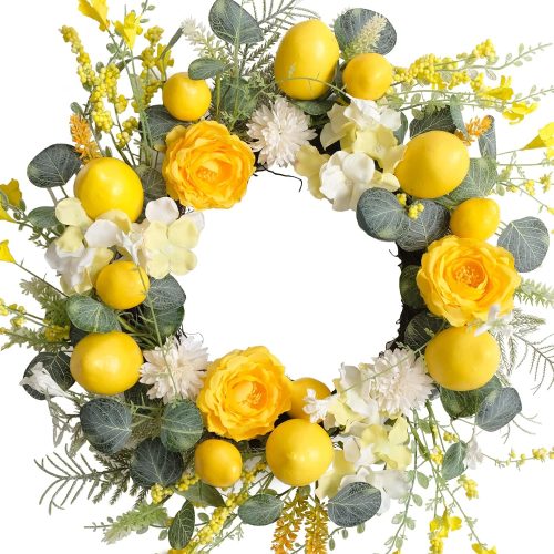 CT8PBN110CT_1 18 Inch Summer Yellow Lemon Roses Wreath for Front Door, Eucalyptus Leaves with Hydrangea Forsythia Flowers Wreath for Indoor and Outdoor, Rustic Farmhouse Door for Home Decor