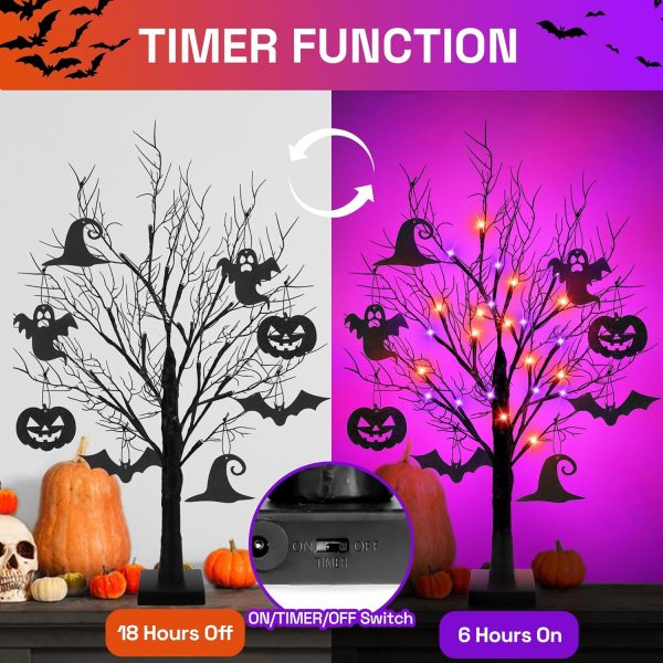 [Timer] 2 Pack 24 Inch Halloween Decorations Indoor, Black Halloween Tree with 24 LED Orange Purple Lights & 16 Pumpkin Bat Ghost Witch Hat, USB/Battery Operated Table Decorations Home Party
