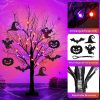 [Timer] 2 Pack 24 Inch Halloween Decorations Indoor, Black Halloween Tree with 24 LED Orange Purple Lights & 16 Pumpkin Bat Ghost Witch Hat, USB/Battery Operated Table Decorations Home Party