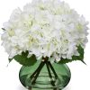 Hollyone White Hydrangeas Floral Arrangement in Glass Vase Artificial Flowers with Vase with Faux Water Silk Faux Flowers Fake Floral Bulk Bouquet for Home Decor Table Centerpiece Decorations