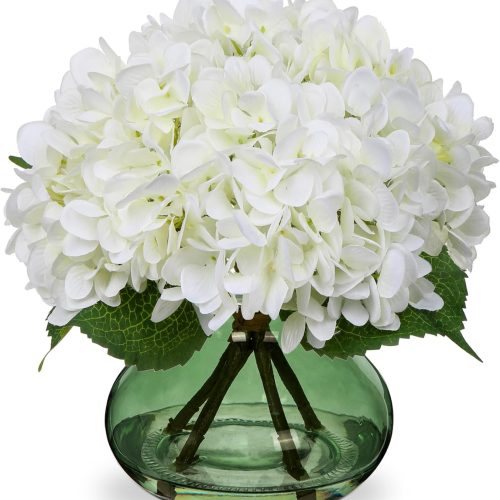 Hollyone White Hydrangeas Floral Arrangement in Glass Vase Artificial Flowers with Vase with Faux Water Silk Faux Flowers Fake Floral Bulk Bouquet for Home Decor Table Centerpiece Decorations