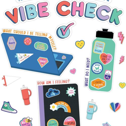 Carson Dellosa We Stick Together 51-Piece Vibe Check Bulletin Board Set | Colorful Laptop, Water Bottle, Notebook, and Sticker Accents for Bulletin Board, White Board, and Colorful Classroom Décor