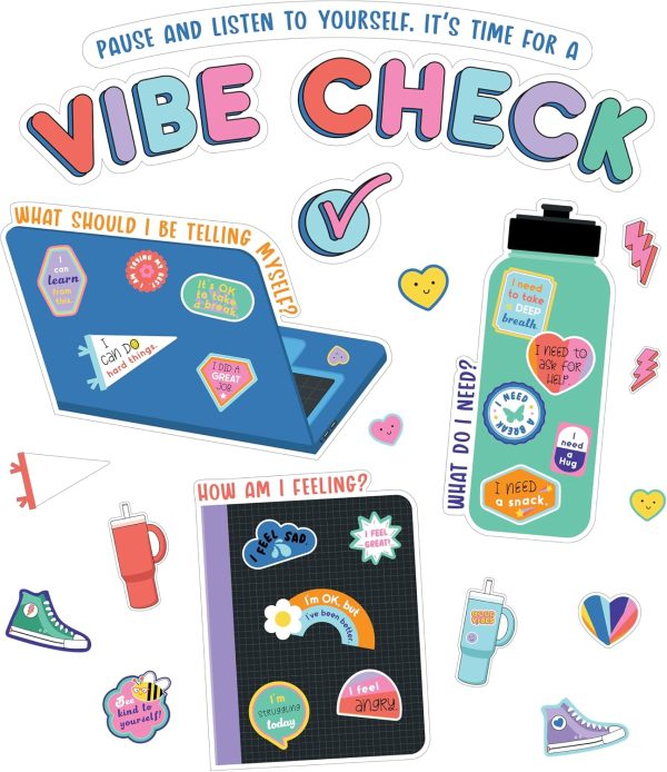 Carson Dellosa We Stick Together 51-Piece Vibe Check Bulletin Board Set | Colorful Laptop, Water Bottle, Notebook, and Sticker Accents for Bulletin Board, White Board, and Colorful Classroom Décor