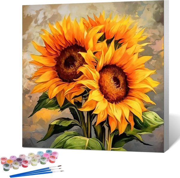 CTBN104CT_1 Fountor Framed Paint by Numbers Kit for Adults Beginner & Kids Ages 8-12, Sunflower Paint by Number with Frame, Easy Acrylic Watercolor Sunflower Painting by Numbers Kit on Canvas 10x10 inch