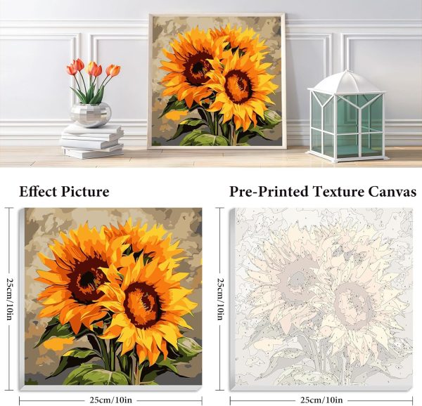 CTBN104CT_3 Fountor Framed Paint by Numbers Kit for Adults Beginner & Kids Ages 8-12, Sunflower Paint by Number with Frame, Easy Acrylic Watercolor Sunflower Painting by Numbers Kit on Canvas 10x10 inch