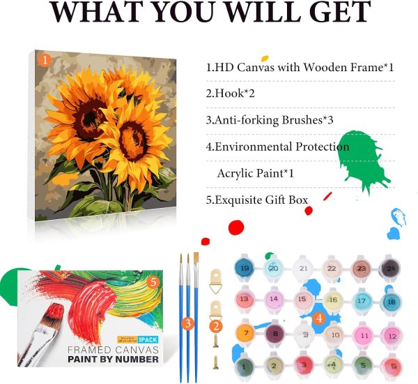 CTBN104CT_4 Fountor Framed Paint by Numbers Kit for Adults Beginner & Kids Ages 8-12, Sunflower Paint by Number with Frame, Easy Acrylic Watercolor Sunflower Painting by Numbers Kit on Canvas 10x10 inch