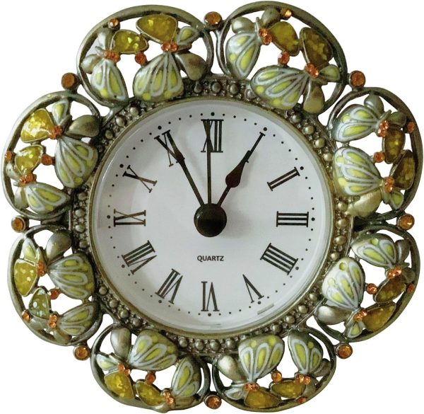 Silent Mini Vintage Analog Table Clock with Hand-Painted Metal Body and Battery Operated Non-Ticking Core for Shelf, Bedroom, Bedside, Desk, Gift Clock