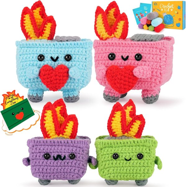 Crochet Kit for Beginners, 4PCS Dumpster Fire Crochet Starter Kit | Emotional Positive Support Beginner Crochet Kits for Adults Kid, w/ Step-by-Step Video Tutorials, Crochet Gifts