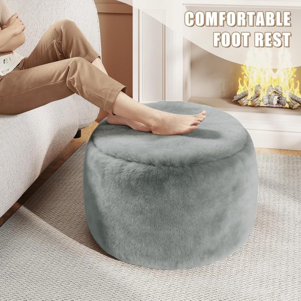 Round Stuffed Pouf Ottoman Foot Rest, Faux Fur Poufs with Memory Foam Filling, Ottomans for Living Room, Nursery, Dorm, Soft Foot Stool Ottoman for Couch, Perfect for Resting Your Feet (Grey, 20 Inch)
