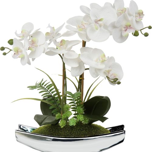 Briful 15" White Faux Orchid Arrangement in Silver Boat Pot Table Decor | Real Touch Phalaenopsis Flowers with Moss for Table Centerpiece Office Desk Bathroom Vanity Living Room Decor