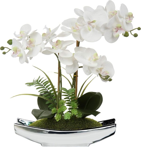 Briful 15" White Faux Orchid Arrangement in Silver Boat Pot Table Decor | Real Touch Phalaenopsis Flowers with Moss for Table Centerpiece Office Desk Bathroom Vanity Living Room Decor