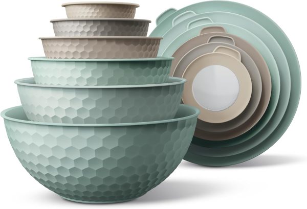 COOK WITH COLOR Mixing Bowls with Lids - 12 Piece Plastic Nesting Bowls Set includes 6 Prep Bowls and 6 Lids, Microwave Safe Mixing Bowl Set, Mint Embossed