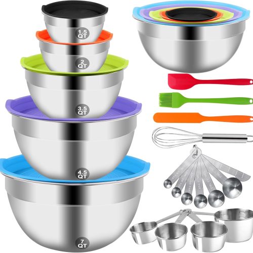 CTD-GR-1123GK_1 WEPSEN Mixing Bowls with Lid Set, 25PCS Kitchen Utensils Metal Bowl Stainless Steel Nesting Bowls, Measuring Cups and Spoons, Egg Whisk for Baking Prepping Cooking Serving Supplies