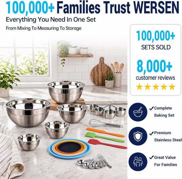 WEPSEN Mixing Bowls with Lid Set, 25PCS Kitchen Utensils Metal Bowl Stainless Steel Nesting Bowls, Measuring Cups and Spoons, Egg Whisk for Baking Prepping Cooking Serving Supplies