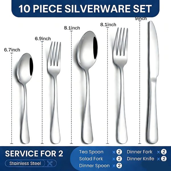 CTD-GR-1340GK_2 SIAKA 10-Piece Silverware Set, Stainless Steel Flatware Set Service for 2, Food Grade Cutlery Utensil Set for Home Restaurant, Include Knife Forks Spoons Set, Mirror Polished Dishwasher Safe