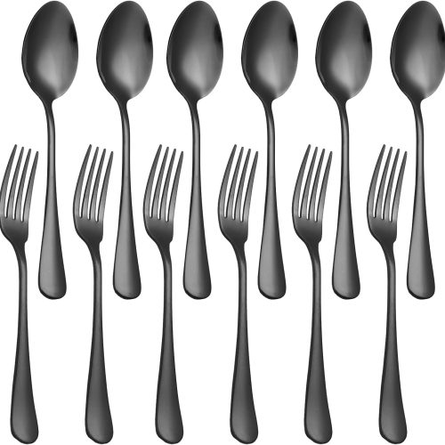 Set of 12, Stainless Steel Dinner Forks and Spoons Silverware Set, Heavy-Duty Forks (8 Inch) and Spoons (6.7 Inch) Cutlery Set, Dishwasher Safe (Black)