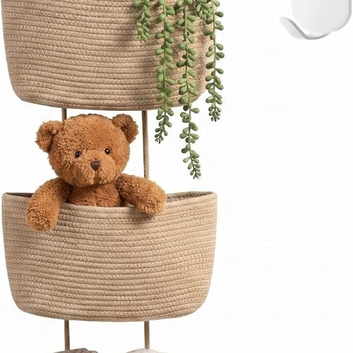 Hanging Basket, Over Door Organizer, 3 -Tier Wall Basket with Hooks | No Drill Adjustable Height Cotton Wall Organizer Boho Basket for Nursery Bathroom Living Room Bedroom Kitchen Small Apartment