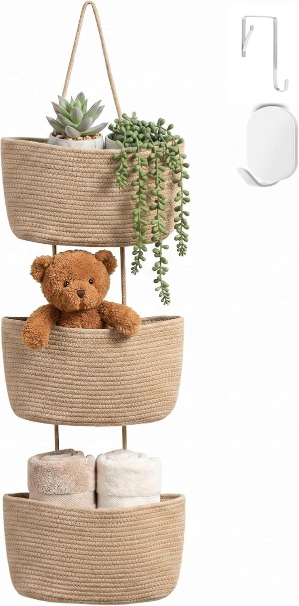 Hanging Basket, Over Door Organizer, 3 -Tier Wall Basket with Hooks | No Drill Adjustable Height Cotton Wall Organizer Boho Basket for Nursery Bathroom Living Room Bedroom Kitchen Small Apartment