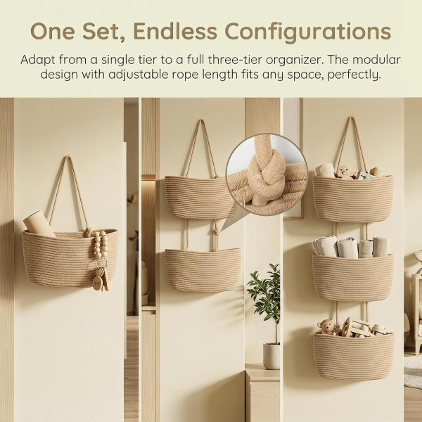 Hanging Basket, Over Door Organizer, 3 -Tier Wall Basket with Hooks | No Drill Adjustable Height Cotton Wall Organizer Boho Basket for Nursery Bathroom Living Room Bedroom Kitchen Small Apartment
