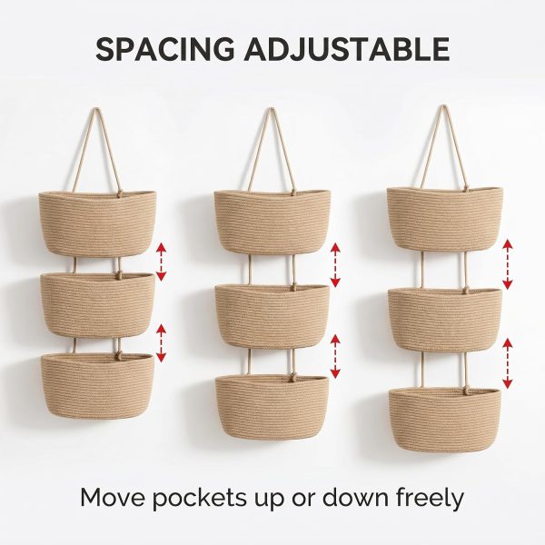 Hanging Basket, Over Door Organizer, 3 -Tier Wall Basket with Hooks | No Drill Adjustable Height Cotton Wall Organizer Boho Basket for Nursery Bathroom Living Room Bedroom Kitchen Small Apartment