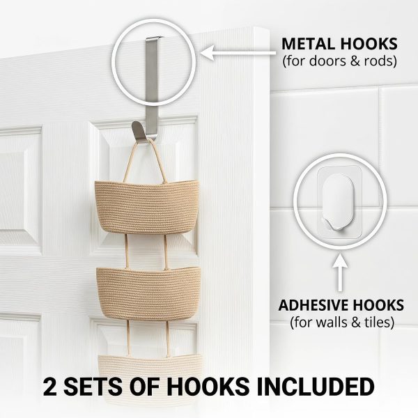 Hanging Basket, Over Door Organizer, 3 -Tier Wall Basket with Hooks | No Drill Adjustable Height Cotton Wall Organizer Boho Basket for Nursery Bathroom Living Room Bedroom Kitchen Small Apartment