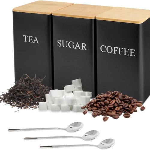 3 Pcs Tea Coffee Sugar Canisters, Black Metal Canister Storage Jar Container Set, Food Storage With 3 Spoons, Rust Resistant Powder Coated Iron Caddies for Kitchen Worktop Organizer (Black)