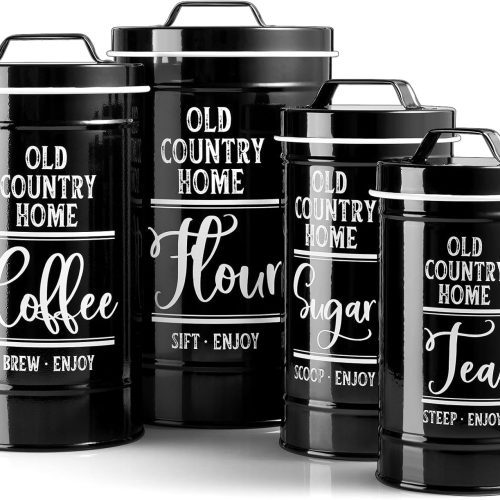 DAYYET Black Canisters Sets for the Kitchen, Airtight Kitchen Canisters for Countertop, Flour and Sugar Containers, Tea Coffee Sugar Canister Set, Black Kitchen Decor and Accessories, Set of 4