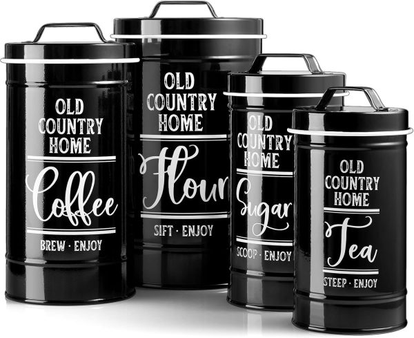 CTD-GR-1697GK_1 DAYYET Black Canisters Sets for the Kitchen, Airtight Kitchen Canisters for Countertop, Flour and Sugar Containers, Tea Coffee Sugar Canister Set, Black Kitchen Decor and Accessories, Set of 4