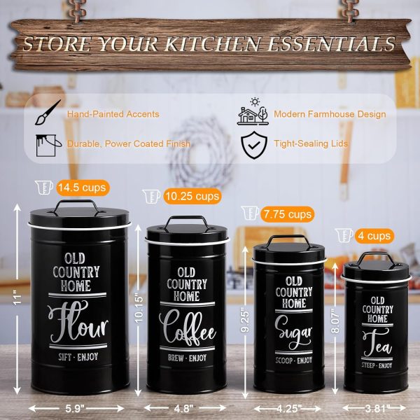 CTD-GR-1697GK_2 DAYYET Black Canisters Sets for the Kitchen, Airtight Kitchen Canisters for Countertop, Flour and Sugar Containers, Tea Coffee Sugar Canister Set, Black Kitchen Decor and Accessories, Set of 4