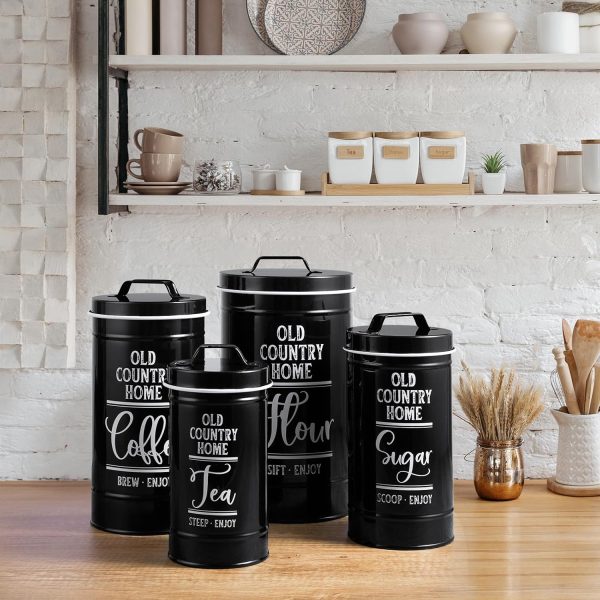CTD-GR-1697GK_4 DAYYET Black Canisters Sets for the Kitchen, Airtight Kitchen Canisters for Countertop, Flour and Sugar Containers, Tea Coffee Sugar Canister Set, Black Kitchen Decor and Accessories, Set of 4
