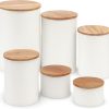 6 Canister Set for the Kitchen Countertop – Metal Food Storage Canisters with Airtight Lids for Flour, Tea, Crafts, Coffee, & Sugar – Container Set with Modern Wood Lids, White