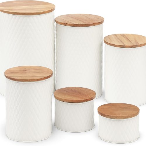 CTD-GR-1726GK_1 6 Canister Set for the Kitchen Countertop – Metal Food Storage Canisters with Airtight Lids for Flour, Tea, Crafts, Coffee, & Sugar – Container Set with Modern Wood Lids, White
