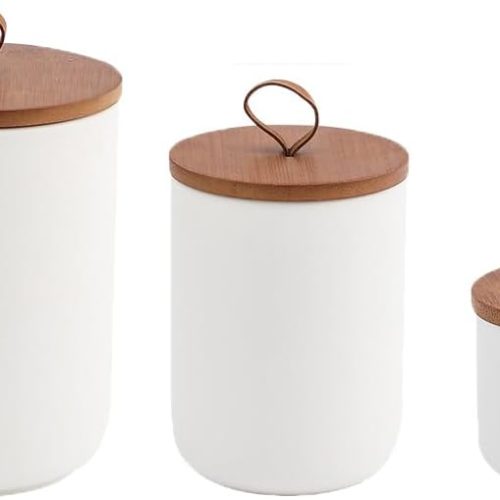 YYW Kitchen Canister Set for Countertop Set of 3, 9/28/45 oz Ceramic Food Storage Containers with Airtight Wood Lids, Food Saver Jars for Coffee, Tea, Candy, Flour(Three-piece suit in white)