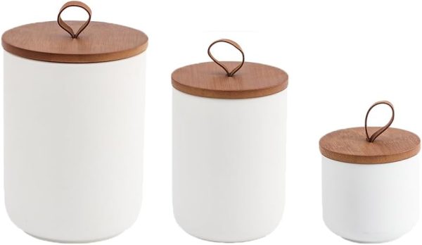 CTD-GR-1850_1 YYW Kitchen Canister Set for Countertop Set of 3, 9/28/45 oz Ceramic Food Storage Containers with Airtight Wood Lids, Food Saver Jars for Coffee, Tea, Candy, Flour(Three-piece suit in white)