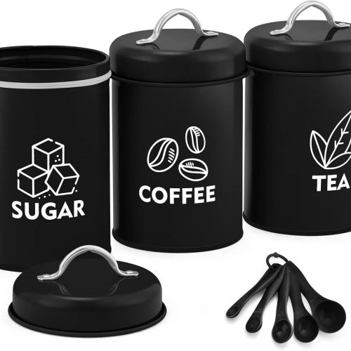 LIANYU 8 Piece Canister for Kitchen Counter, Large Food Kitchen Coffee Tea Sugar Metal Canisters Set with Spoons, Rustic Farmhouse Storage Set, Black