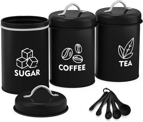 LIANYU 8 Piece Canister for Kitchen Counter, Large Food Kitchen Coffee Tea Sugar Metal Canisters Set with Spoons, Rustic Farmhouse Storage Set, Black