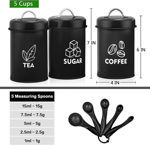 LIANYU 8 Piece Canister for Kitchen Counter, Large Food Kitchen Coffee Tea Sugar Metal Canisters Set with Spoons, Rustic Farmhouse Storage Set, Black
