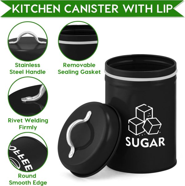 LIANYU 8 Piece Canister for Kitchen Counter, Large Food Kitchen Coffee Tea Sugar Metal Canisters Set with Spoons, Rustic Farmhouse Storage Set, Black