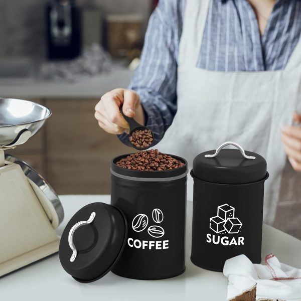 LIANYU 8 Piece Canister for Kitchen Counter, Large Food Kitchen Coffee Tea Sugar Metal Canisters Set with Spoons, Rustic Farmhouse Storage Set, Black