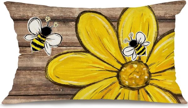 GEEORY Daisy Bee Farmhouse Pillow Cover 12x20 Inch, Spring Summer Throw Pillowcase for Couch, Sofa, Living Room, Bedroom Decor（Wood Grain）