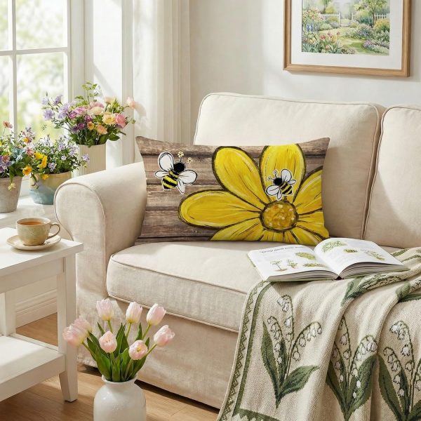 GEEORY Daisy Bee Farmhouse Pillow Cover 12x20 Inch, Spring Summer Throw Pillowcase for Couch, Sofa, Living Room, Bedroom Decor（Wood Grain）