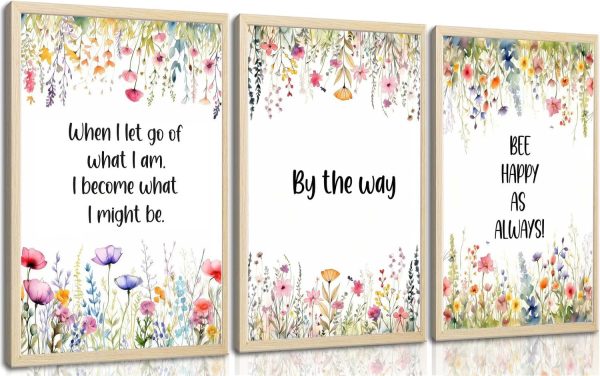 3pcs Framed Wildflowers Canvas Wall Art Inspirational Floral Painting Quotes Picture Canvas Prints Poster for Living Room Bedroom Office Home Gallery Wall Decor 12X16 Inch Ready to Hang