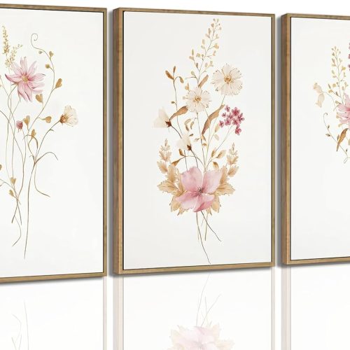 CTD-GR-2011GK_1 JASMIE 3Pcs Pink Floral Canvas Wall Art | Modern Blush Pink Flowers Botanical Picture Wall Decor Poster Print Artwork for Bedroom Living room Home Decoration Unframed