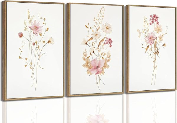 JASMIE 3Pcs Pink Floral Canvas Wall Art | Modern Blush Pink Flowers Botanical Picture Wall Decor Poster Print Artwork for Bedroom Living room Home Decoration Unframed