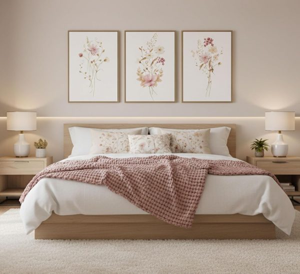 JASMIE 3Pcs Pink Floral Canvas Wall Art | Modern Blush Pink Flowers Botanical Picture Wall Decor Poster Print Artwork for Bedroom Living room Home Decoration Unframed