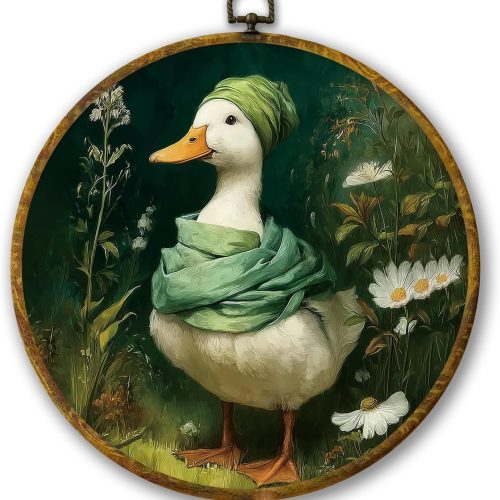Funny Duck Bathroom Wall Art Decor, Dark Whimsical Duck Floral Framed Canvas Prints 10x10, Rustic Cottagecore Farm Animal Round Wall Hanging Artwork Decorations for Bathroom Washroom Restroom