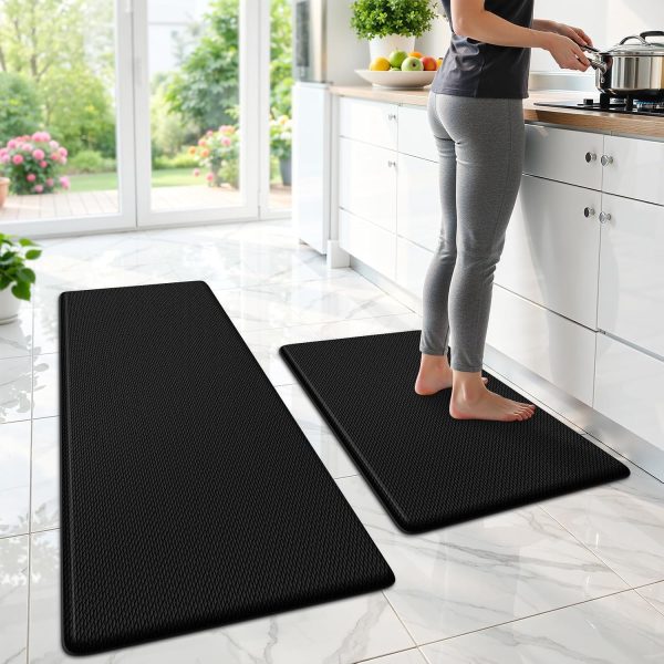 Kitchen Mat for Floor 2 PCS, Anti Fatigue Rugs, Black | 17.3"x30"+17.3"x47", Cushioning Comfort, Non-Slip, Easy To Clean, Kitchen, Office, Laundry Room, Sink Area