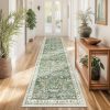 CTD-GR-2125GK_1 Yamaziot 2x8 Washable Hallway Runner Rug Non Slip Floral Carpet, Sage Green | Soft Boho Floral Kitchen Runner with Rubber Backing, Stain Resistant, Low Pile Distressed Carpet for Kitchen Hallway Entrance