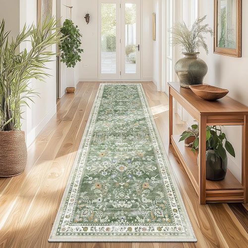 Yamaziot 2x8 Washable Hallway Runner Rug Non Slip Floral Carpet, Sage Green | Soft Boho Floral Kitchen Runner with Rubber Backing, Stain Resistant, Low Pile Distressed Carpet for Kitchen Hallway Entrance