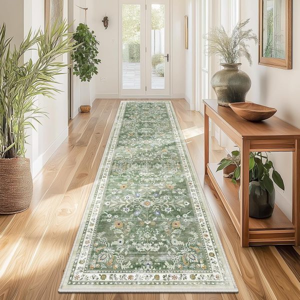 CTD-GR-2125GK_1 Yamaziot 2x8 Washable Hallway Runner Rug Non Slip Floral Carpet, Sage Green | Soft Boho Floral Kitchen Runner with Rubber Backing, Stain Resistant, Low Pile Distressed Carpet for Kitchen Hallway Entrance